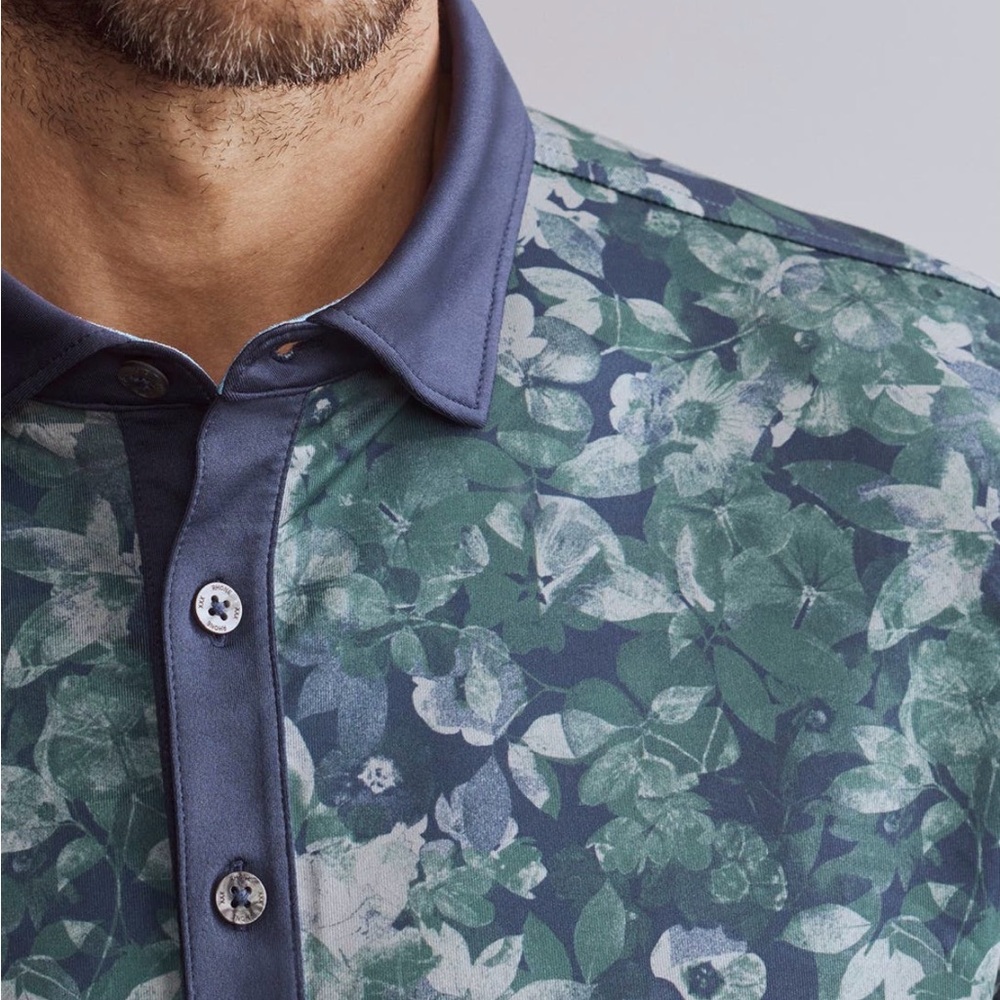 RHONE Navy and Green Patterned Polo Shirt - Picture 3 of 10